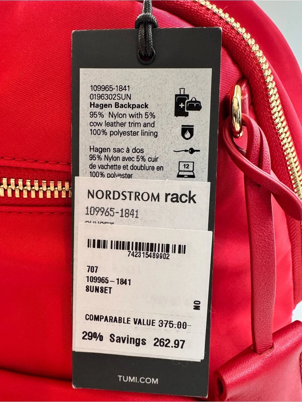 Tumi Hagen Backpack in Sunset Red Nylon